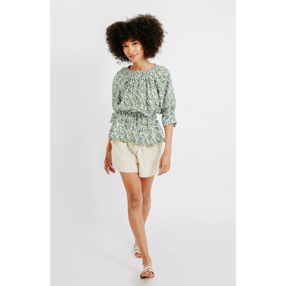 Mirth Women's Vienna Drawstring Waist Blouse‎ Ivy XS White Green Cotton Silk